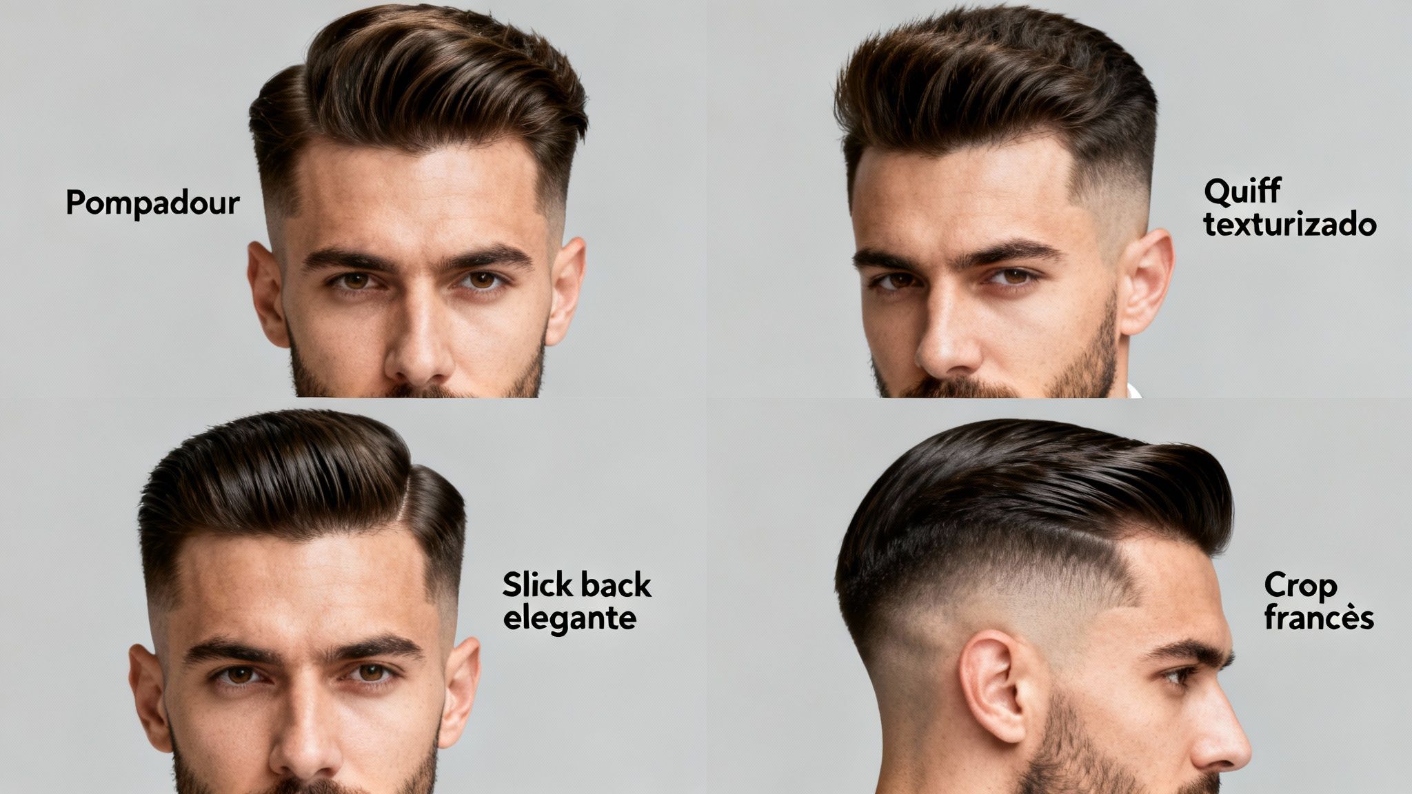 Cuatro hombres con diferentes cortes de pelo modernos y degradados, incluyendo pompadour y quiff texturizado.