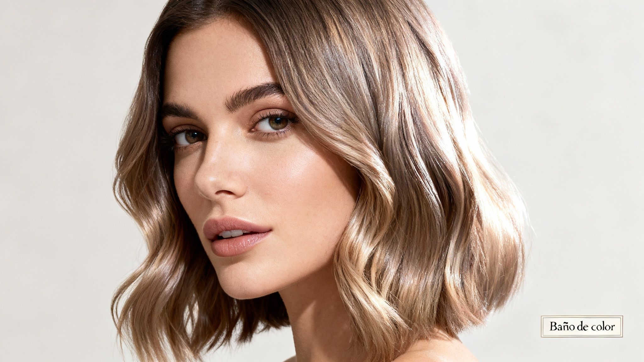 Mujer con cabello rubio ondulado y brillante, mirada cautivadora y piel radiante, mostrando un baño de color.
