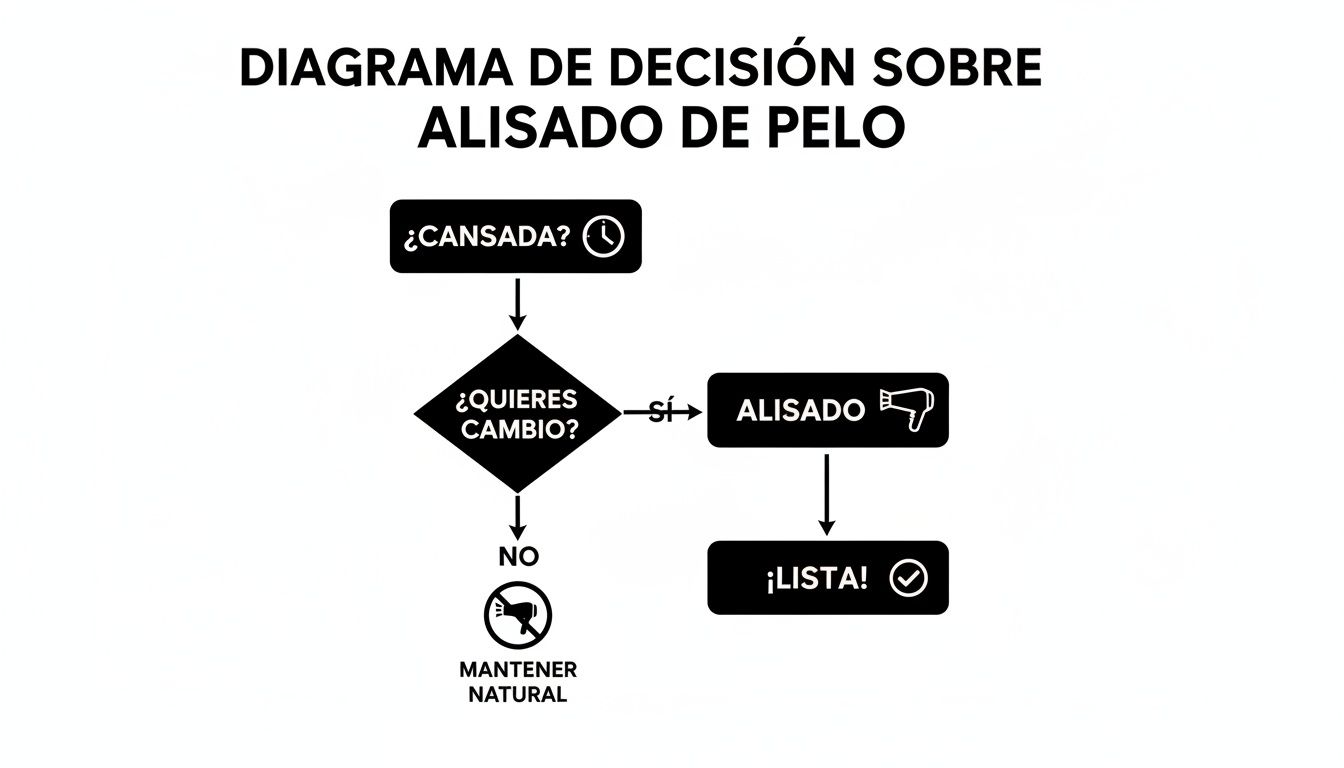 Diagrama de decisión sobre el alisado de pelo, preguntando si estás cansada y si quieres un cambio.