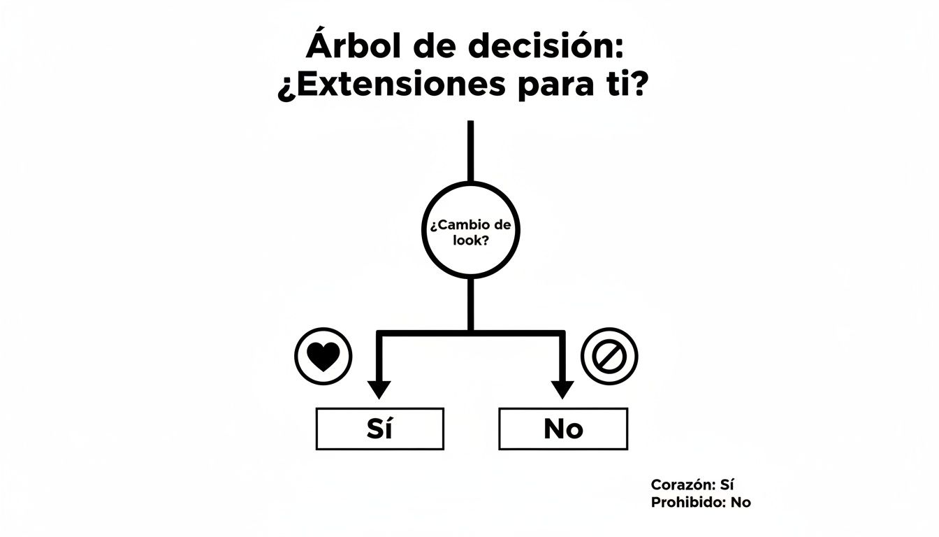 Árbol de decisión sobre extensiones de cabello, preguntando si deseas un cambio de look. Conduce a Sí o No.