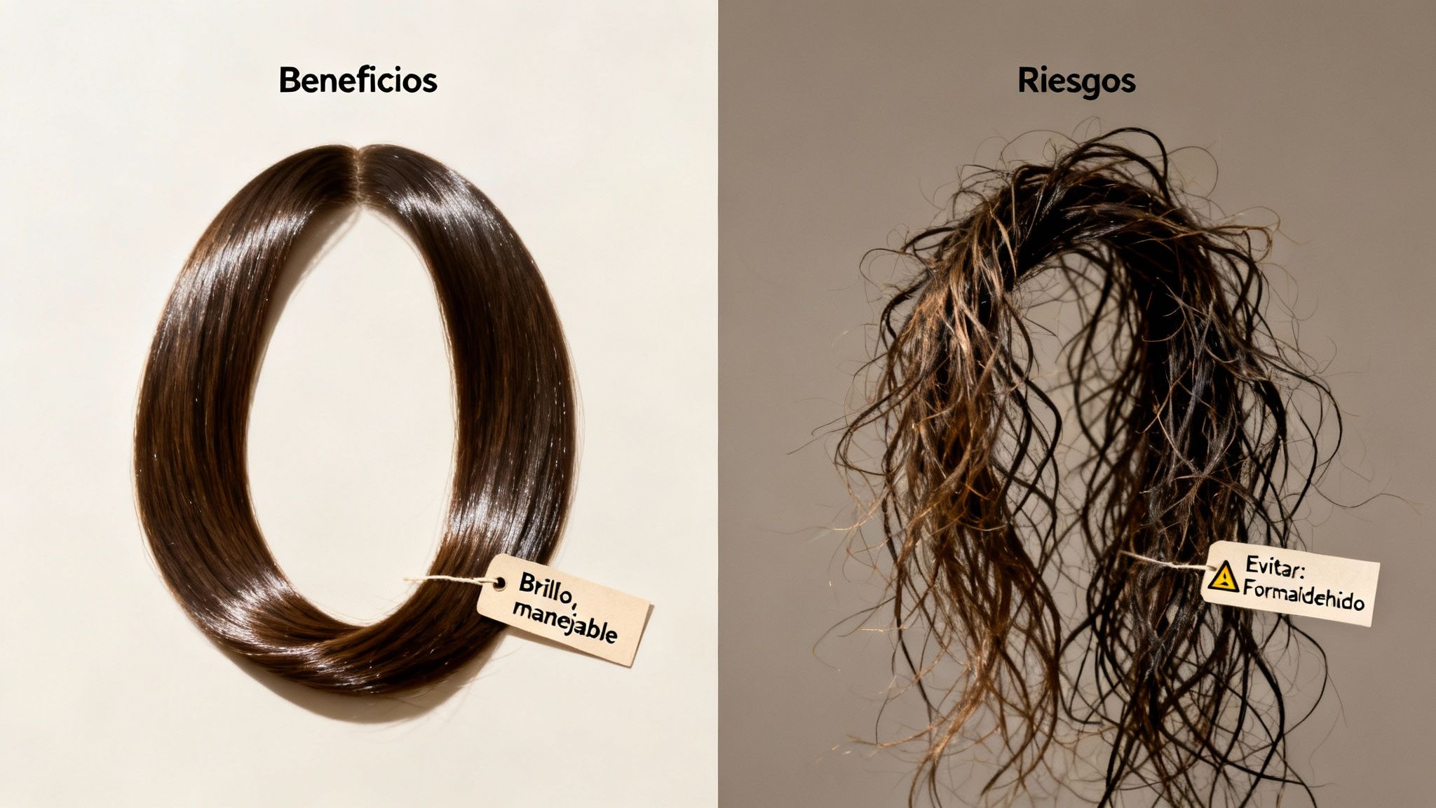 Imagen que compara cabello brillante y manejable con cabello encrespado y dañado, advirtiendo sobre formaldehído.