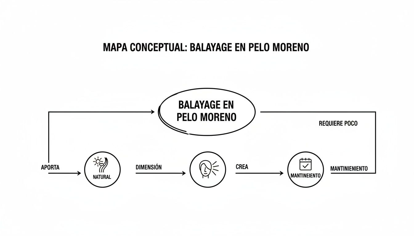 Mapa conceptual explicando el balayage en pelo moreno, destacando su naturalidad, dimensión y bajo mantenimiento.