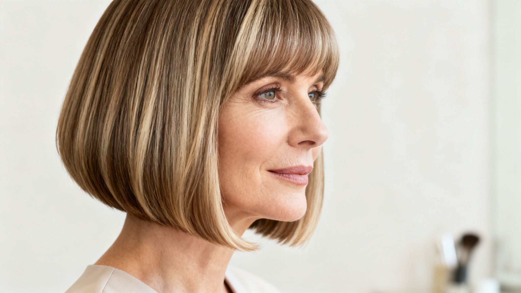 Mujer adulta con corte de pelo bob y reflejos, mirando a la derecha con expresión serena.