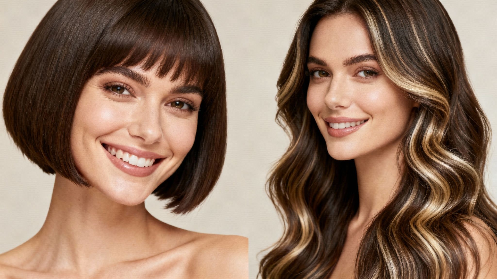 Dos mujeres sonrientes mostrando diferentes estilos de cabello, corto con flequillo y largo ondulado con mechas