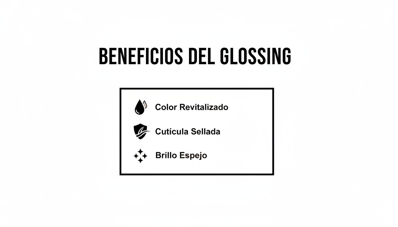 Infografía que detalla los beneficios del glossing para el cabello: color revitalizado, cutícula sellada y brillo espejo.