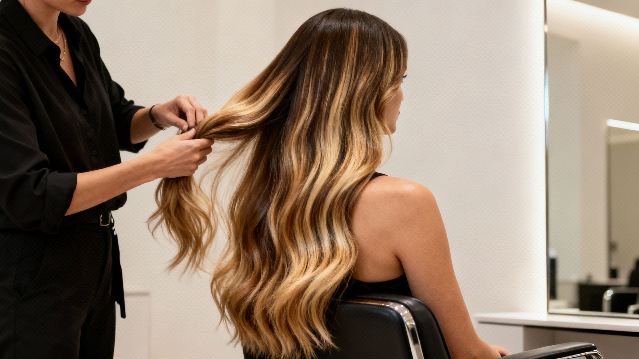Peluquera profesional peinando el cabello largo y con mechas de una clienta en un salón de belleza.