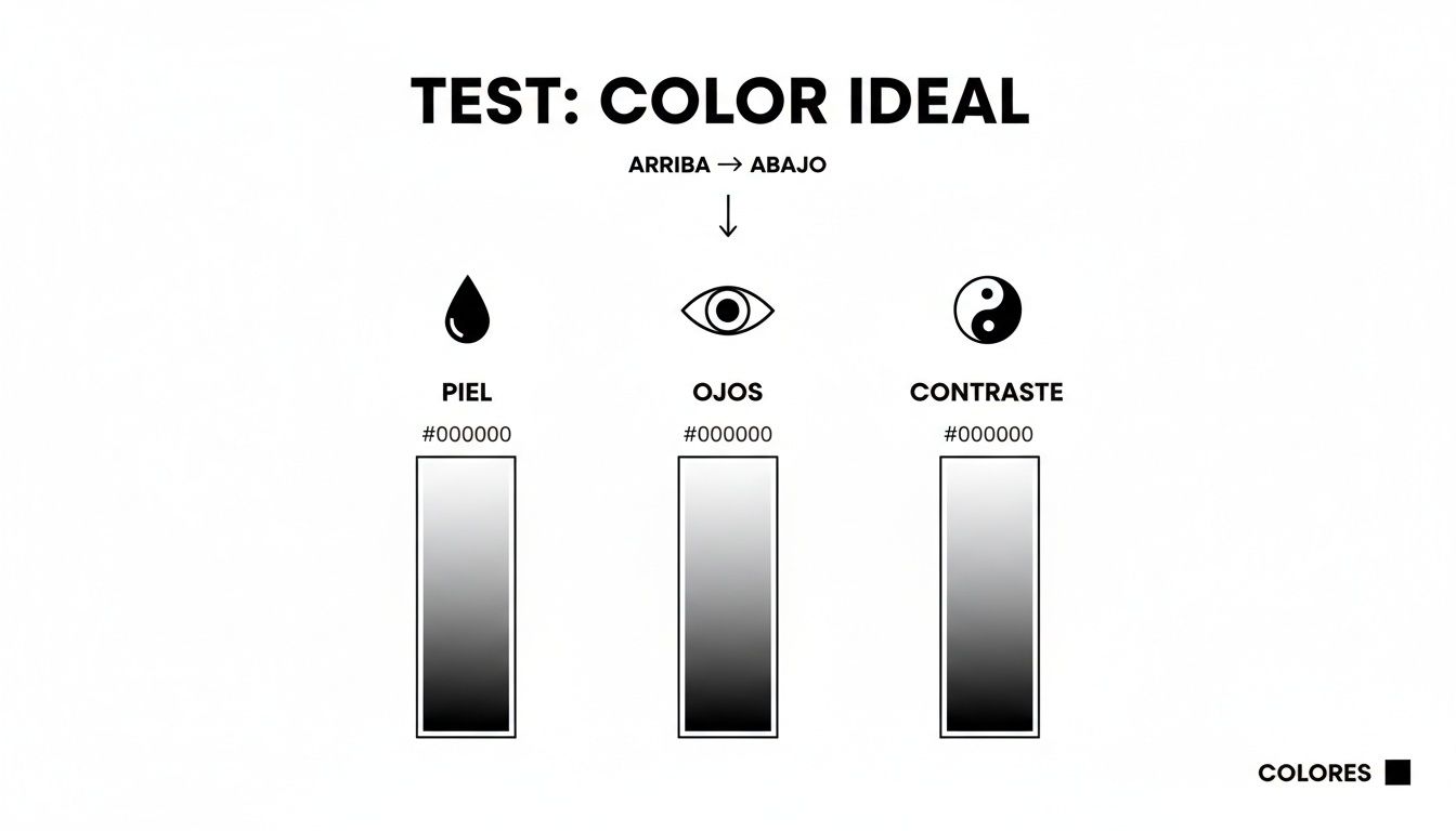 Un test de color ideal con escalas para piel, ojos y contraste, mostrando gradientes de blanco a negro.