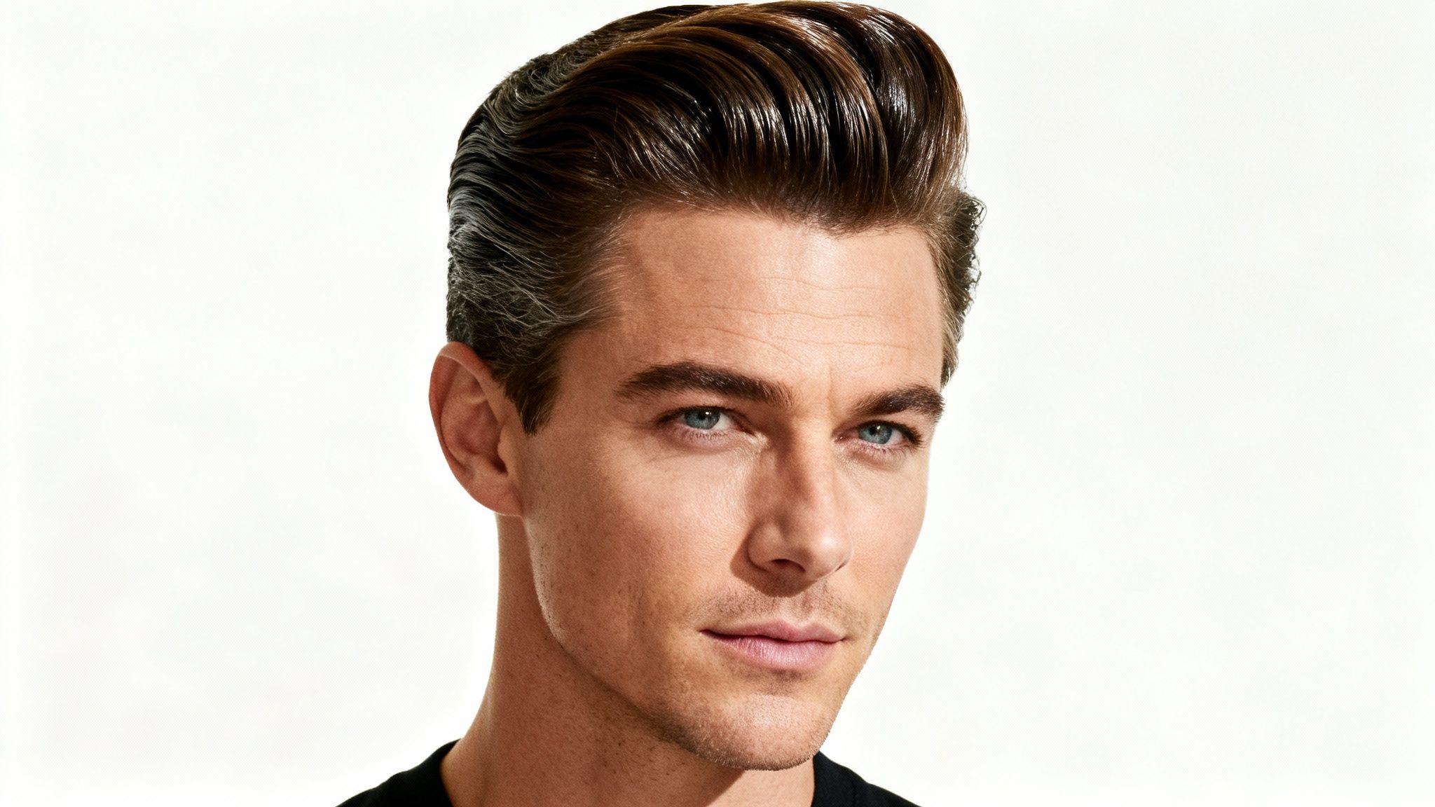 Primer plano de un hombre atractivo con peinado elegante y ojos azules penetrantes.