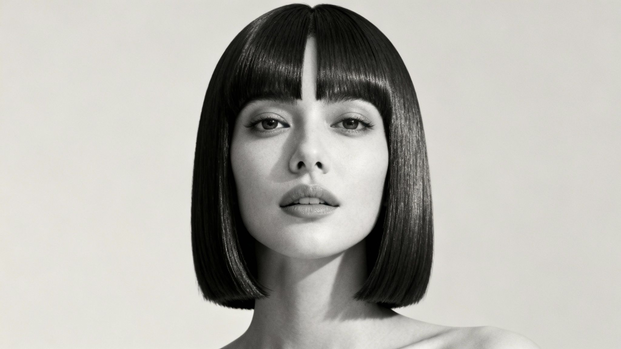 Retrato en blanco y negro de una mujer con un corte de pelo bob oscuro y flequillo recto, mirando a la cámara.