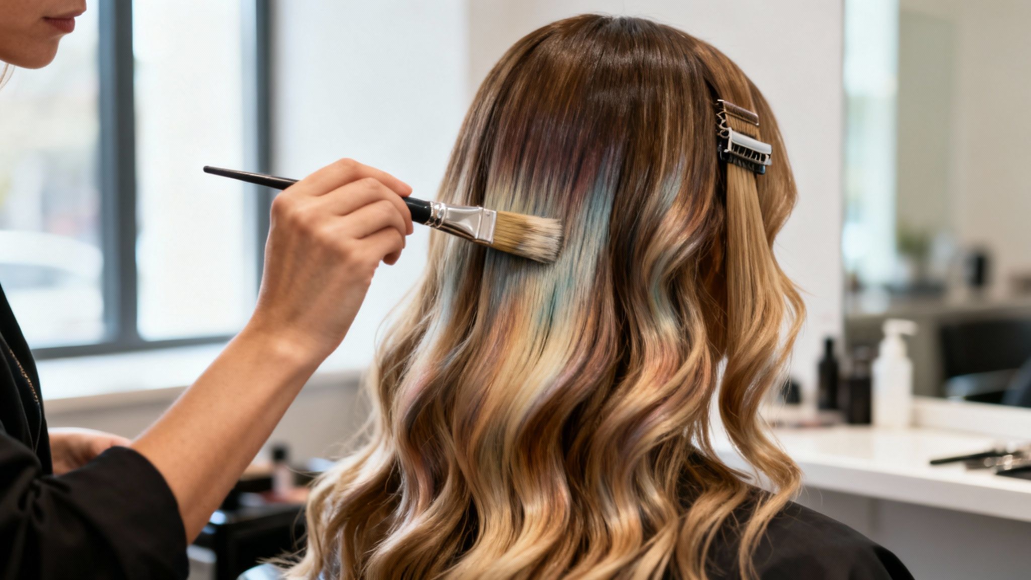 Estilista aplica tinte a cabello con mechas balayage. El cabello es rubio, castaño y tiene reflejos de color.
