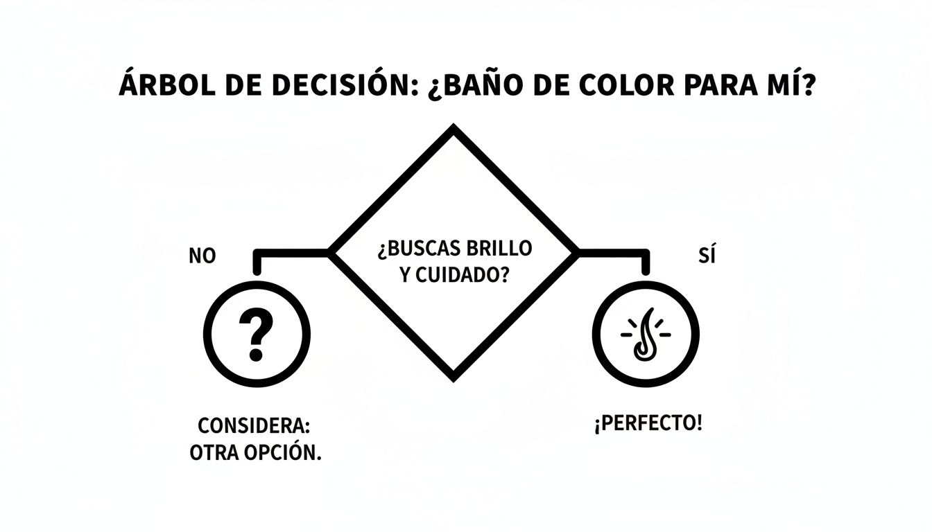 Diagrama de flujo para decidir si un baño de color es adecuado para tu cabello, enfocado en brillo y cuidado.