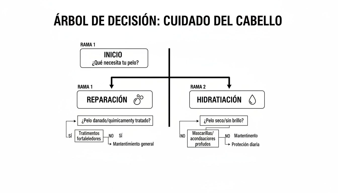 Árbol de decisión sobre cuidado capilar: ¿Reparación o hidratación? Guía para un cabello saludable.
