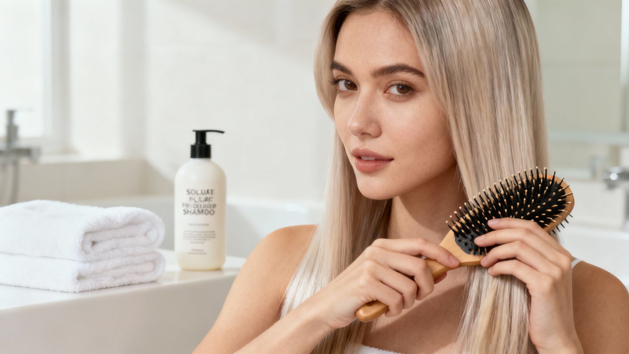 Mujer rubia cepillando su cabello liso con cepillo de cerdas naturales en baño luminoso
