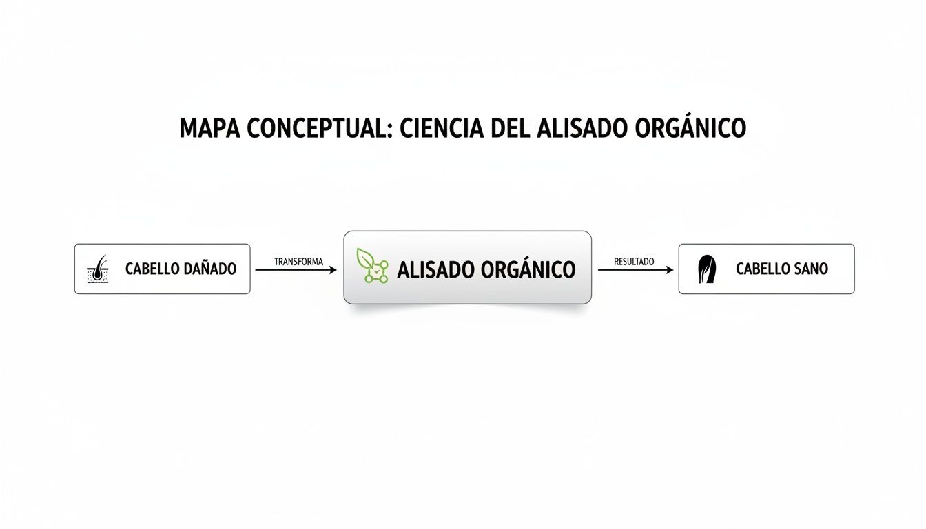 Mapa conceptual que ilustra la ciencia del alisado orgánico, mostrando la transformación de cabello dañado a sano.