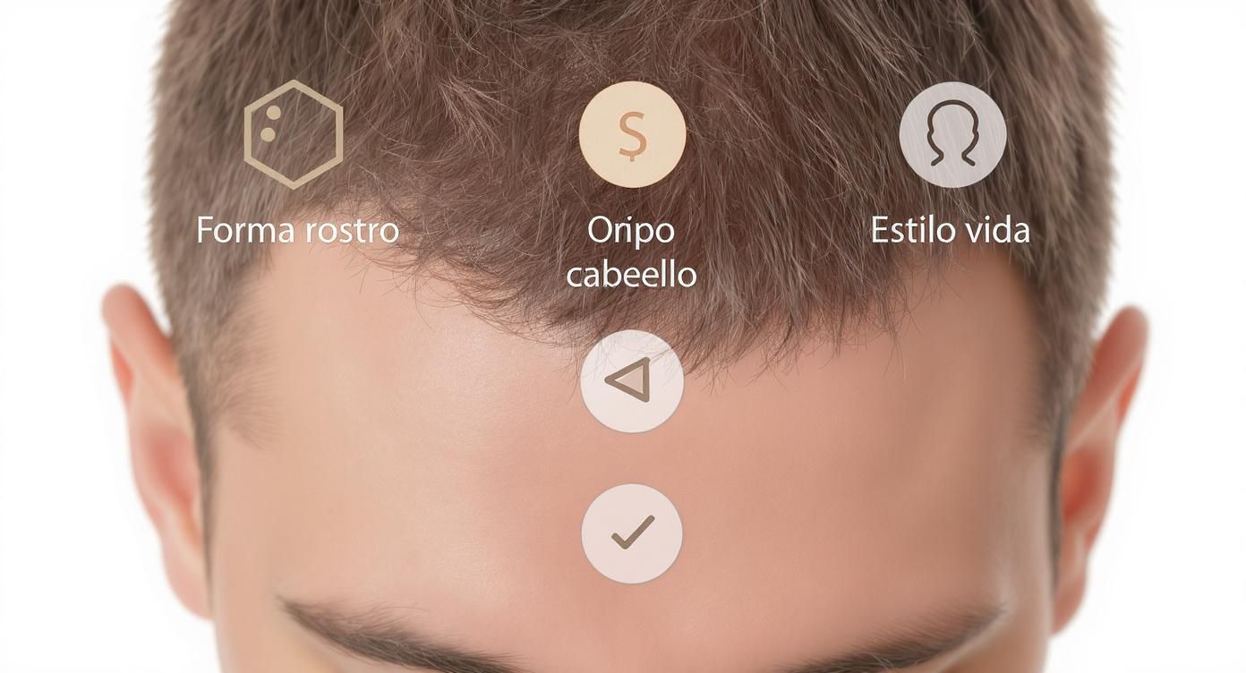 Hombre consultando opciones de peinado: forma de rostro, tipo de cabello y estilo de vida.