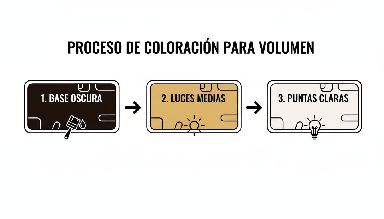 Diagrama de tres pasos para coloración de cabello que aporta volumen: base oscura, luces medias y puntas claras.
