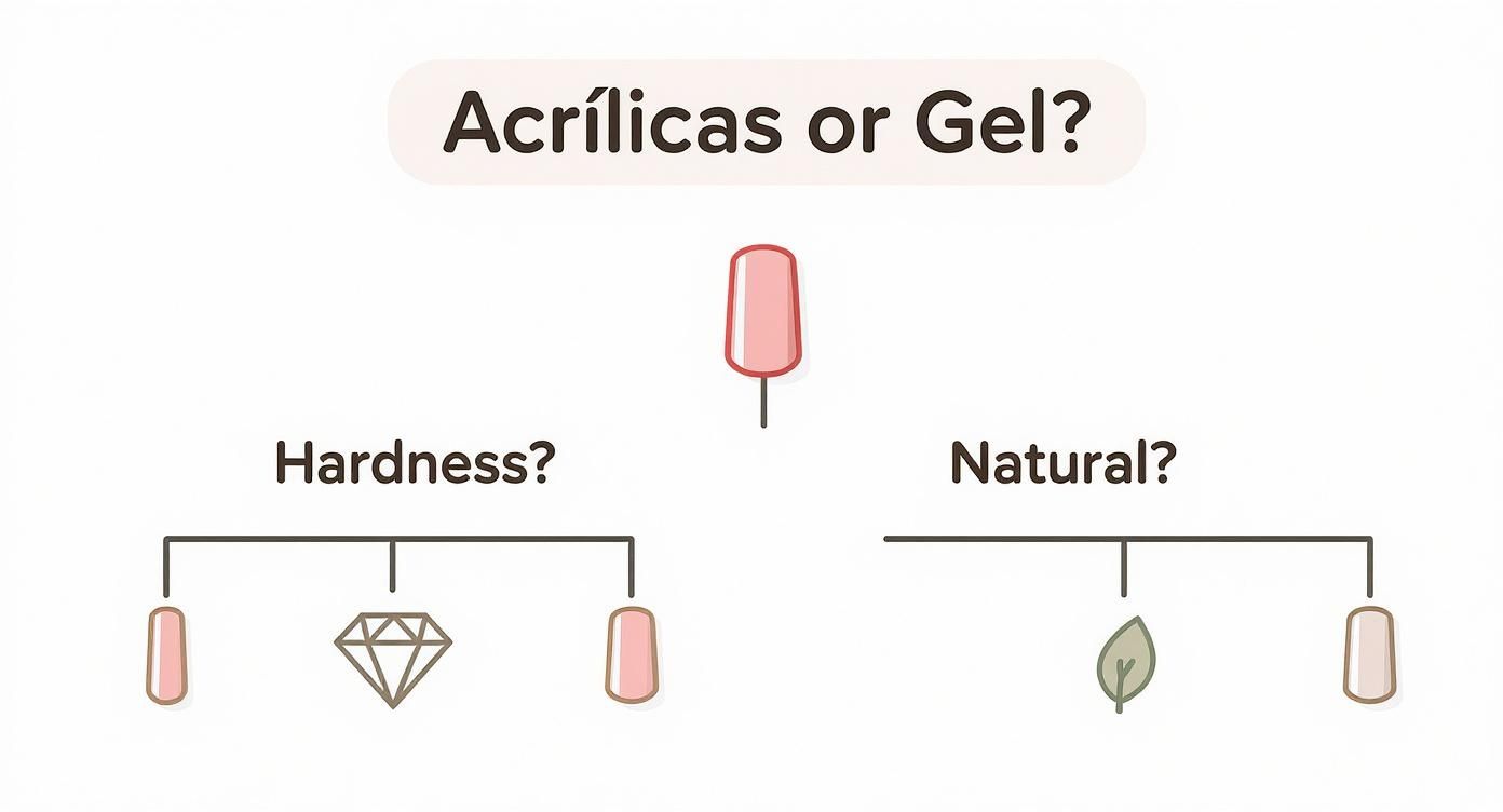 Infográfico con un árbol de decisión que ayuda a elegir entre uñas acrílicas y de gel basado en la dureza o la naturalidad.
