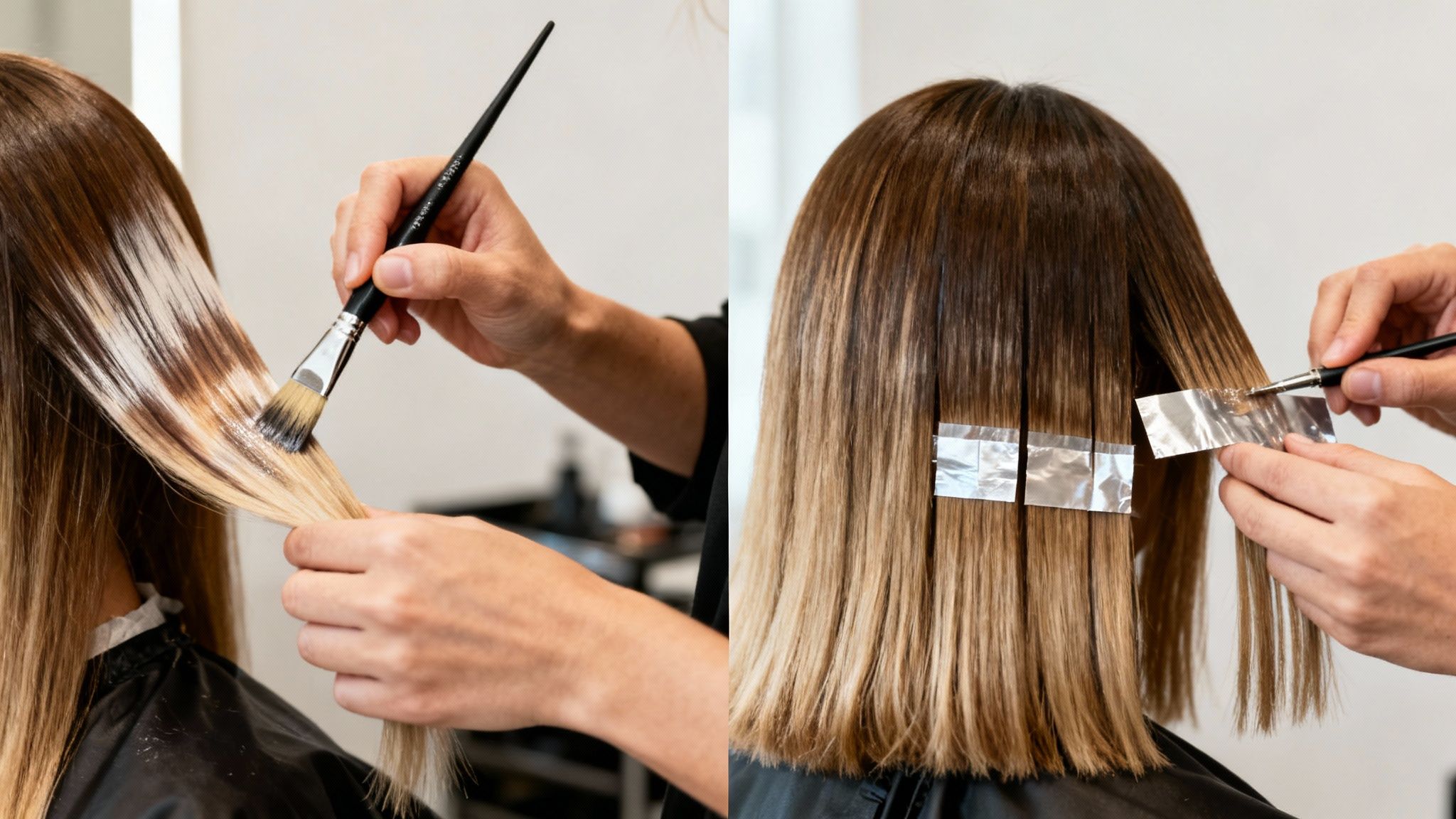 Un estilista aplica color al cabello de una persona para crear mechas, usando un cepillo y papel de aluminio.
