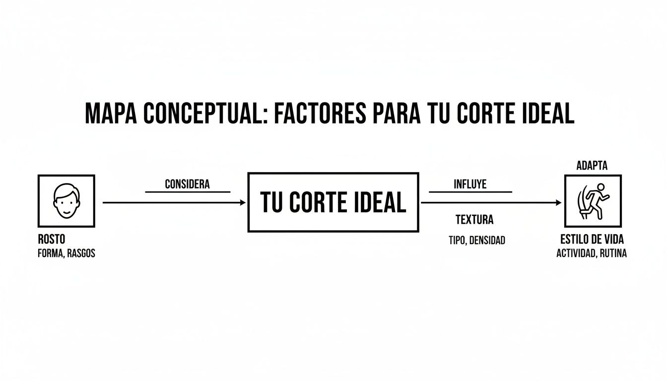 Mapa conceptual que detalla factores clave como rostro, textura y estilo de vida para elegir tu corte de pelo ideal.