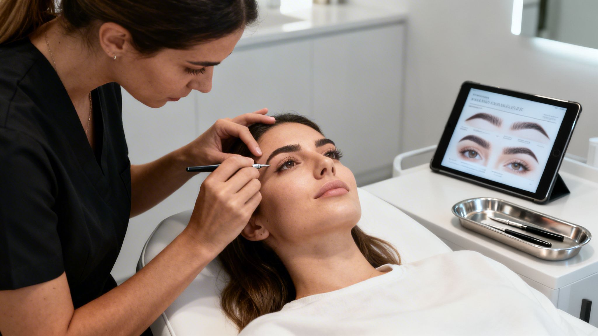 Una esteticista aplica un tratamiento de diseño de cejas a una clienta en una clínica de belleza.