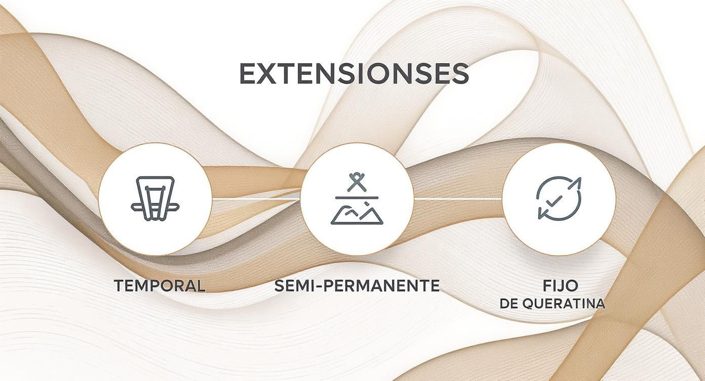 Tipos de extensiones de cabello: temporal con tubo aplicador, semi-permanente con adhesivo y fijo de queratina