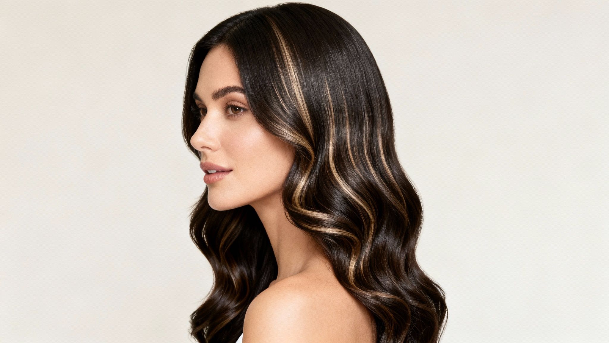 Una mujer joven con cabello oscuro ondulado y mechas rubias sutiles, mirando de perfil.