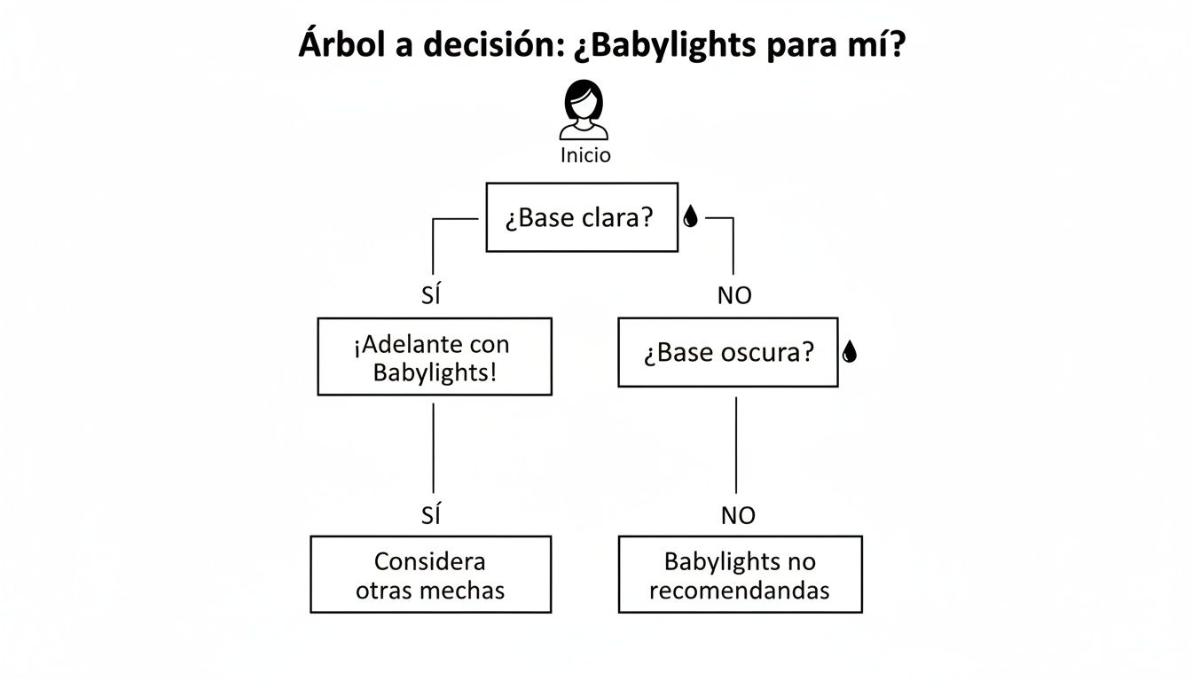 Diagrama de flujo para decidir si las mechas Babylights son adecuadas según el color de base del cabello.