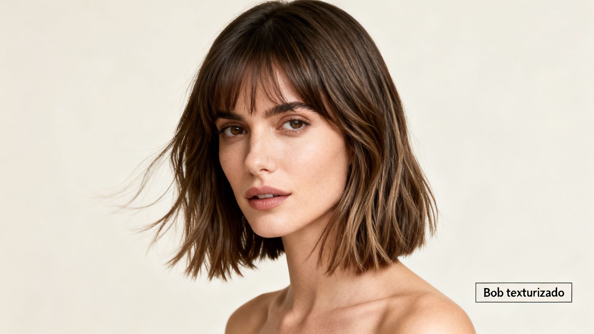 Una mujer joven con un moderno corte de pelo bob texturizado y flequillo, mirando a la cámara.