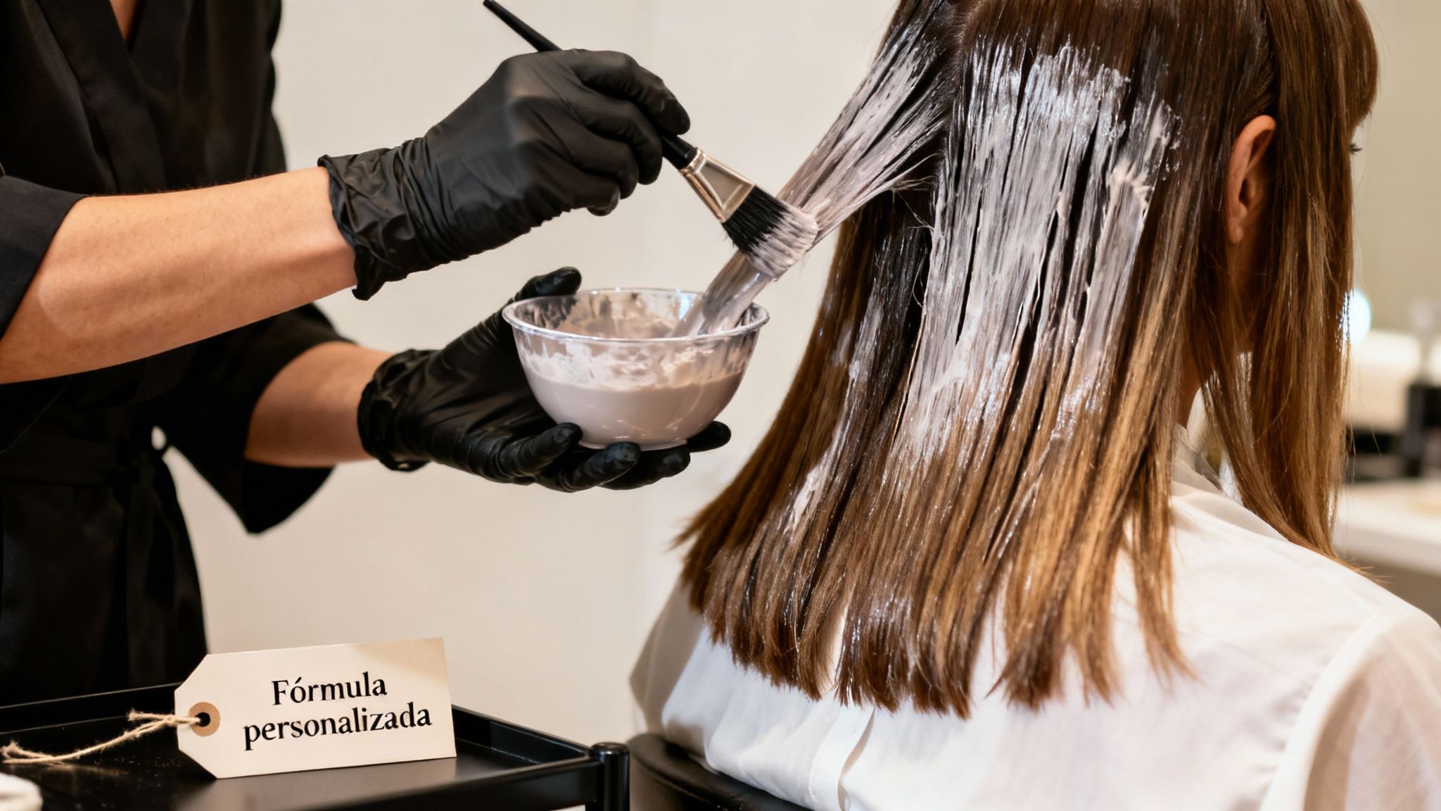 Peluquera aplicando un baño de color o tratamiento personalizado en el cabello de una mujer en salón.