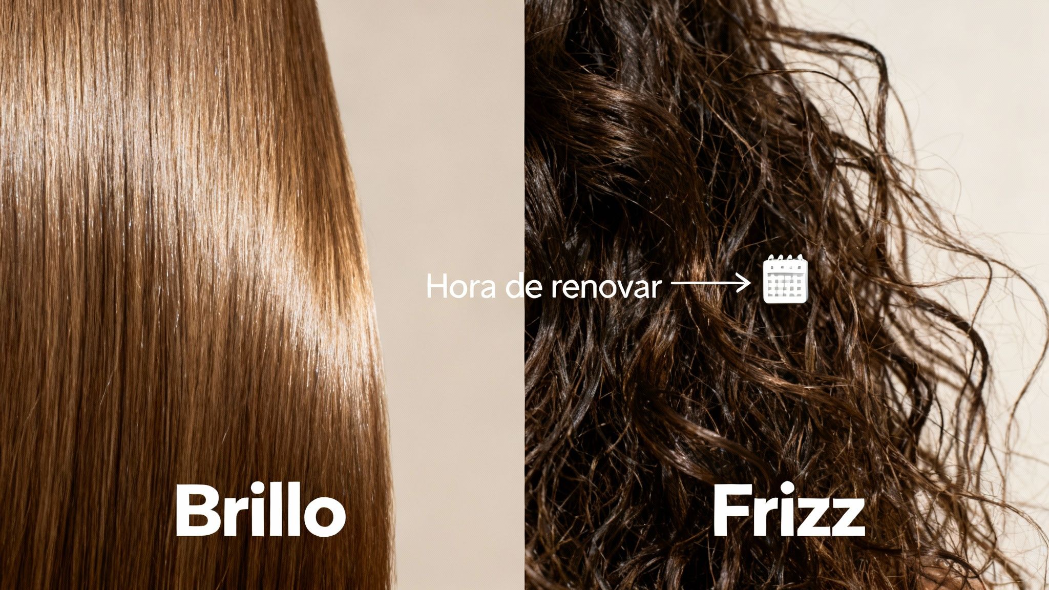 Imagen dividida mostrando cabello liso y brillante junto a cabello con frizz, indicando 'Hora de renovar' con un calendario.