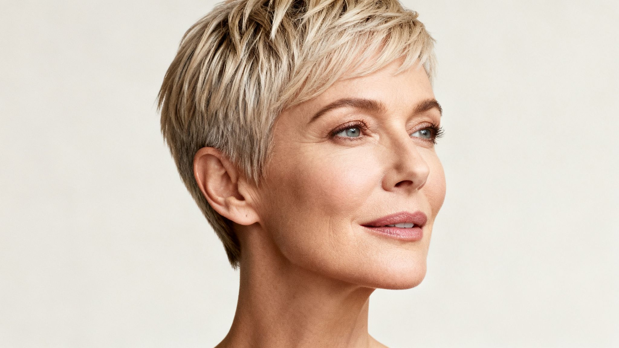 Primer plano de perfil de una mujer madura con cabello rubio corto y ojos azules, sonriendo ligeramente.