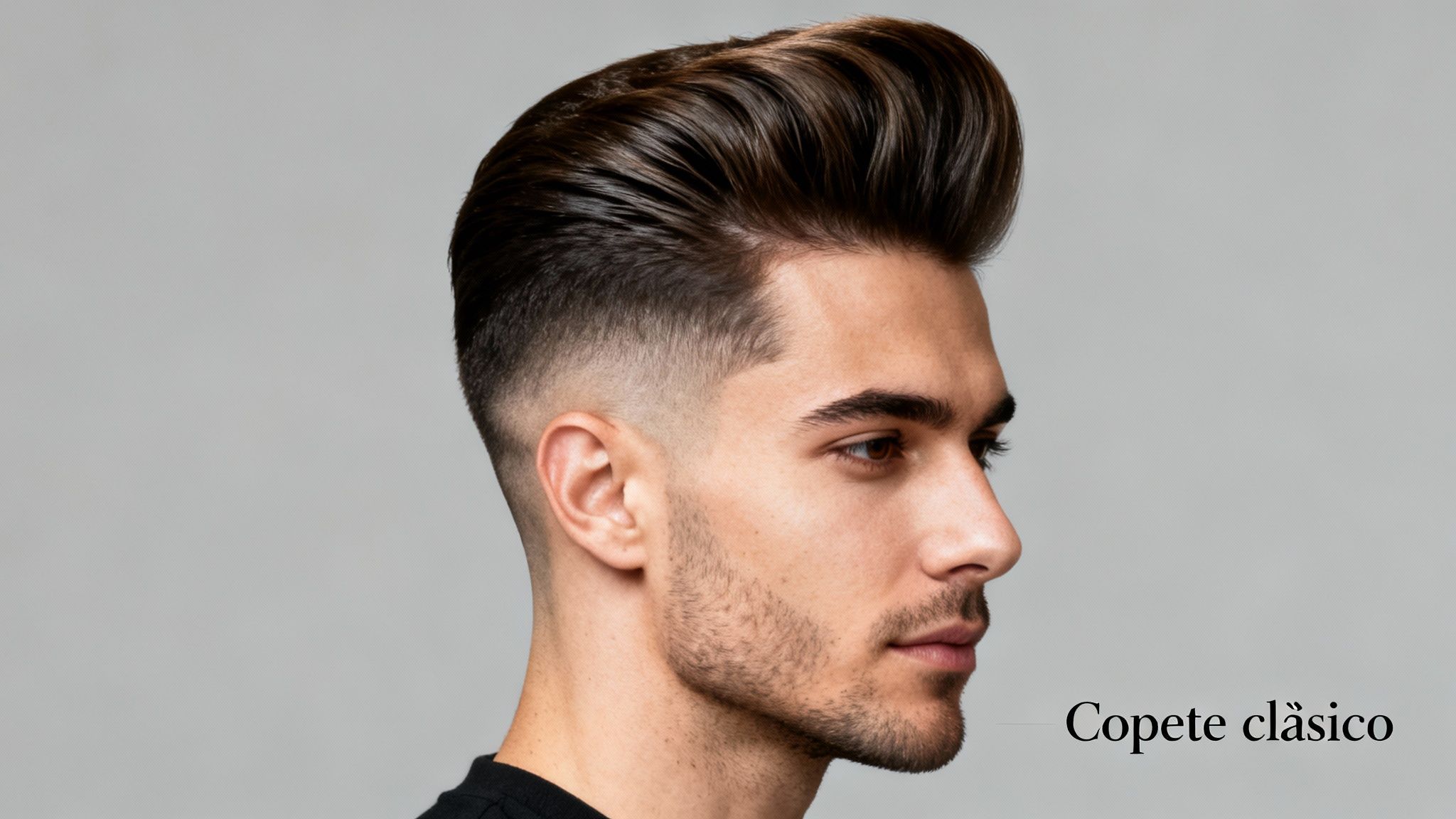 Primer plano de un hombre con un copete clásico y un corte de pelo degradado moderno.
