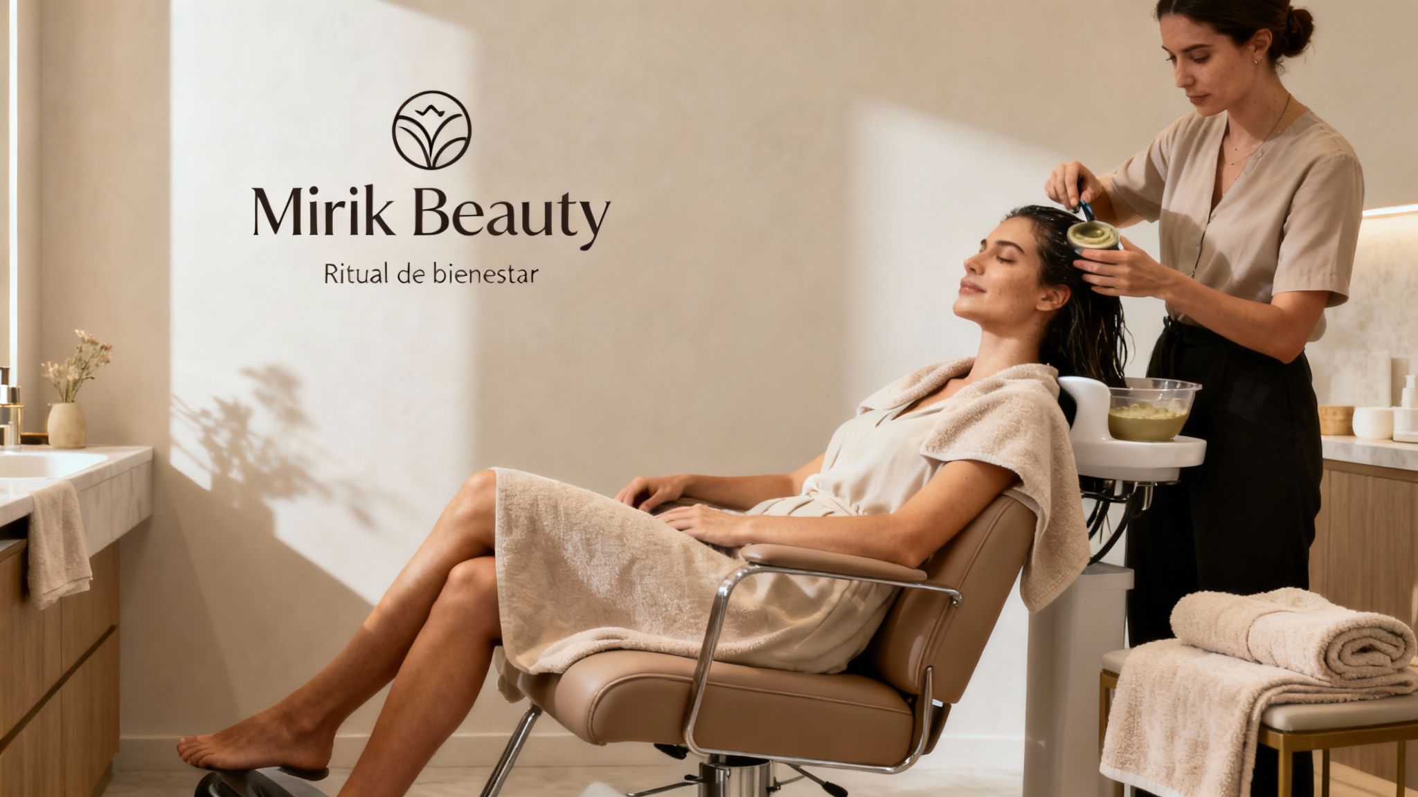 Una mujer recibe un tratamiento capilar relajante en un salón de belleza, con una estilista aplicando producto a su pelo.