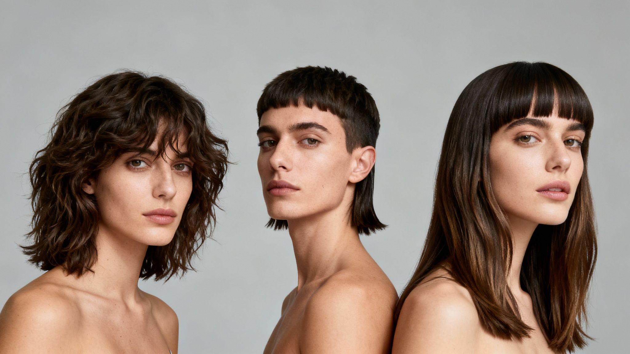 Tres personas con diferentes peinados y tonos de piel, mirando directamente a la cámara.