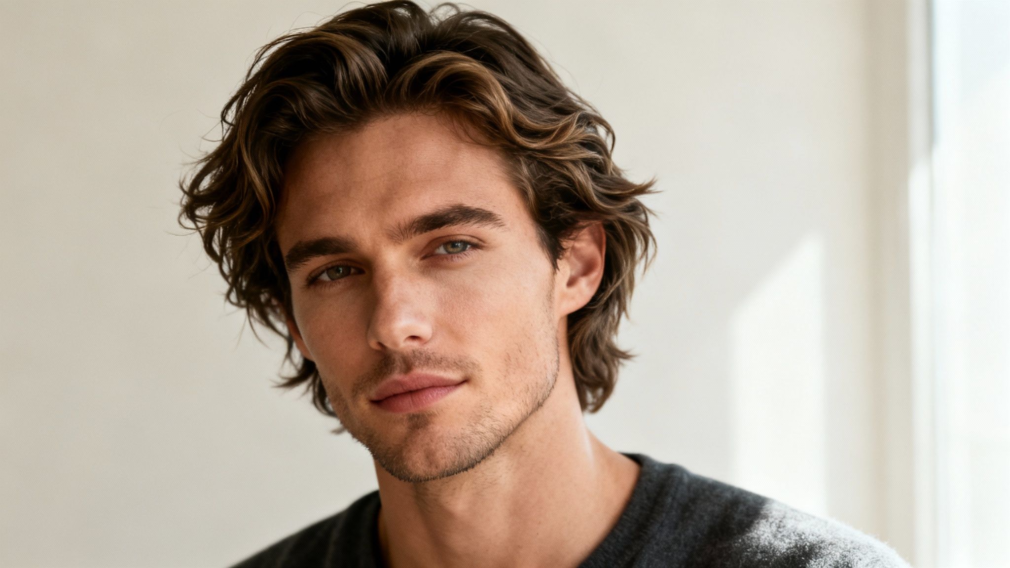 Primer plano de un hombre joven con cabello ondulado castaño, ojos verdes y barba incipiente, mirando a cámara.