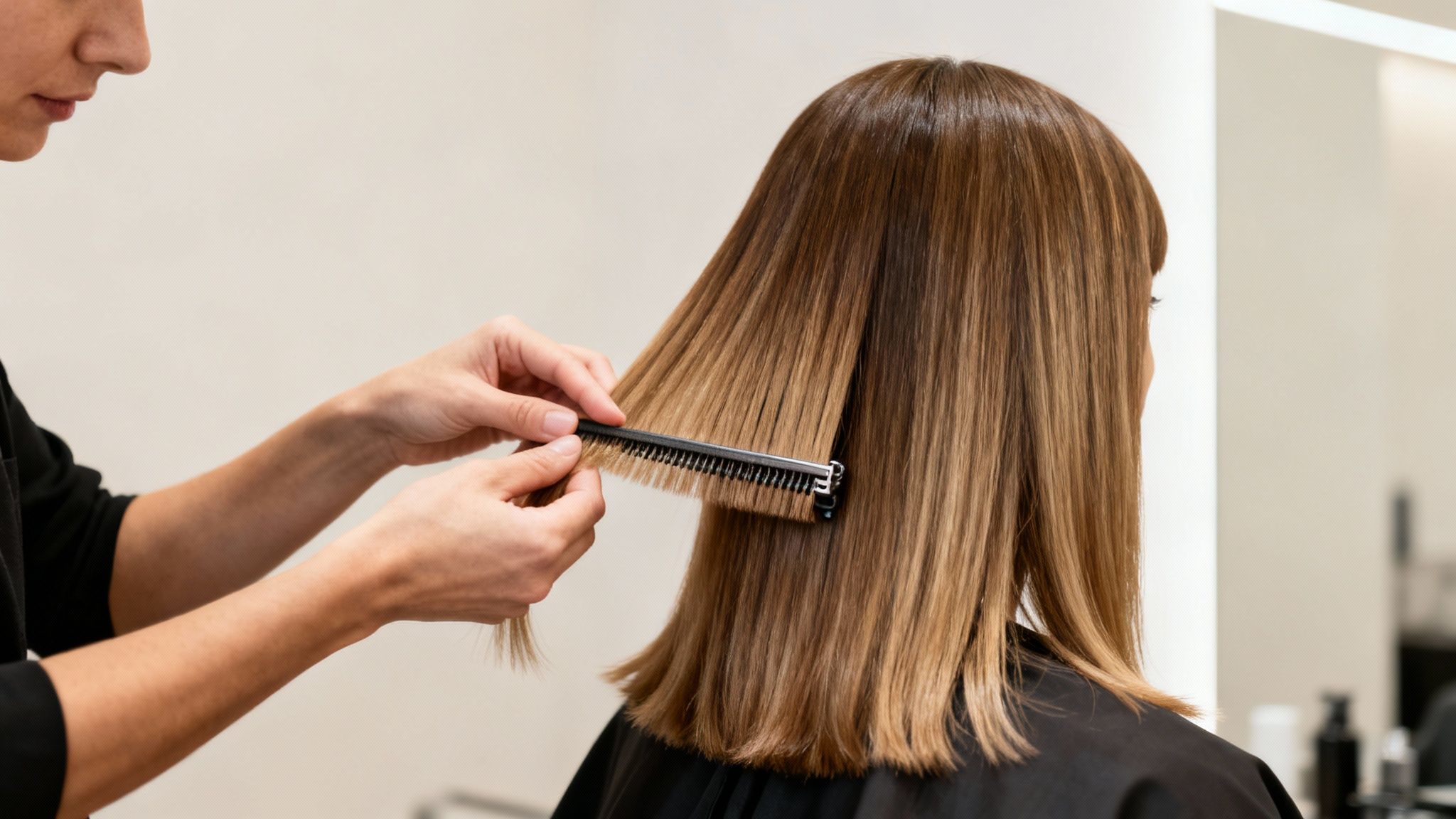 Peluquera peinando el cabello largo y castaño con balayage de una clienta en un salón.