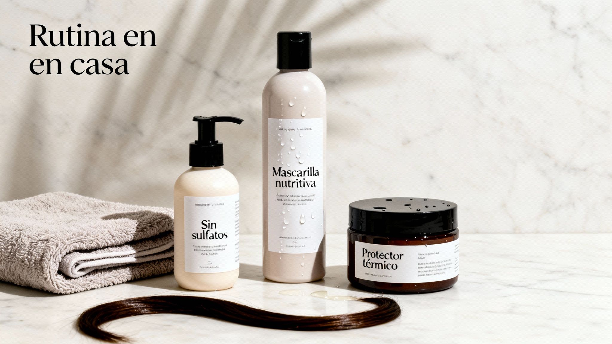 Rutina de cuidado capilar en casa con productos sin sulfatos, mascarilla nutritiva y protector térmico sobre mármol.