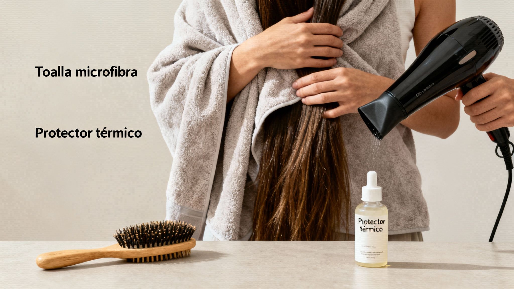 Mujer secándose el pelo con un secador, usando una toalla de microfibra, protector térmico y un cepillo.