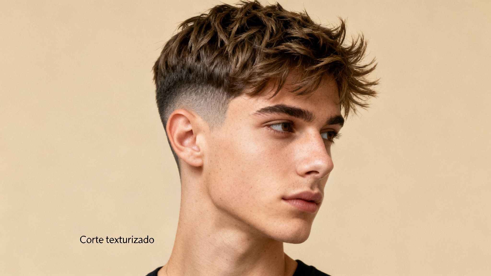 Joven con corte de pelo texturizado y degradado, con cabello castaño peinado hacia adelante.