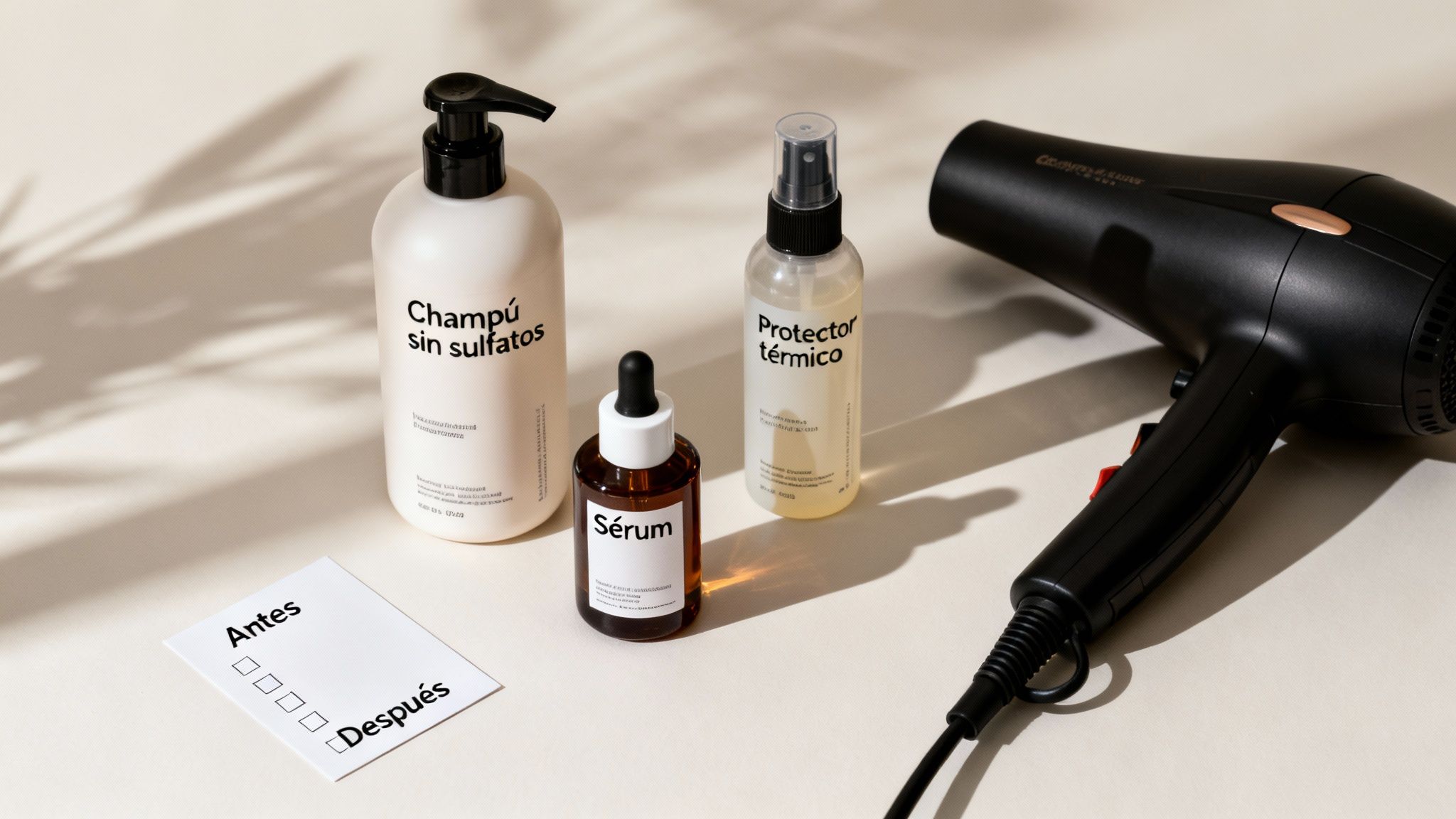 Productos para el cuidado del cabello: champú sin sulfatos, protector térmico, sérum y secador, con una tarjeta de "Antes" y "Después".
