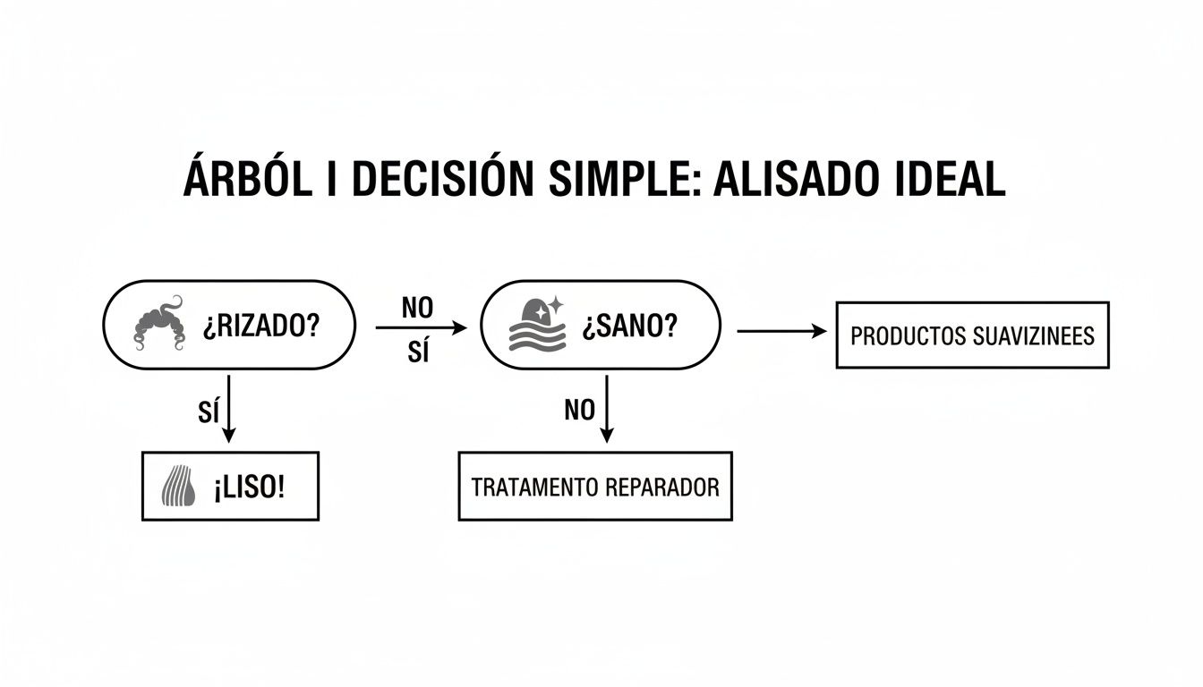 Diagrama de decisión simple para el alisado ideal del cabello, evaluando si es rizado o sano.