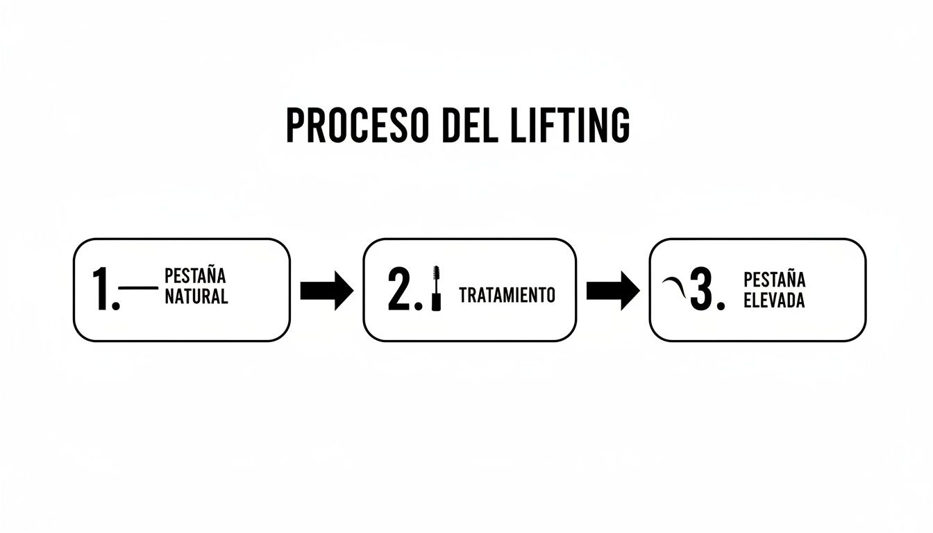 Diagrama del proceso de lifting de pestañas: 1. Pestaña natural, 2. Tratamiento con cepillo, 3. Pestaña elevada.