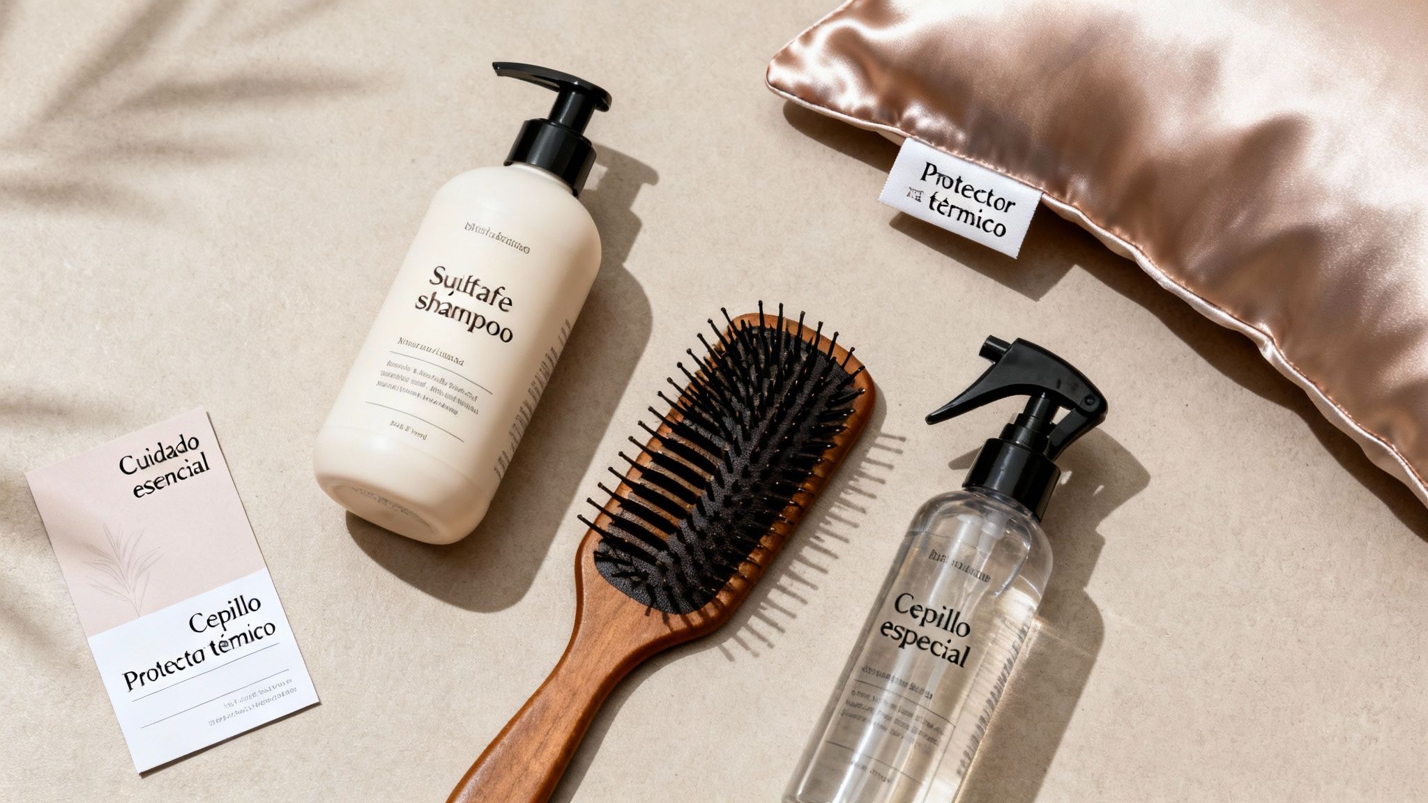 Productos de cuidado capilar esenciales sobre una superficie beige, incluyendo champú, cepillo y spray, con una almohada de satén.