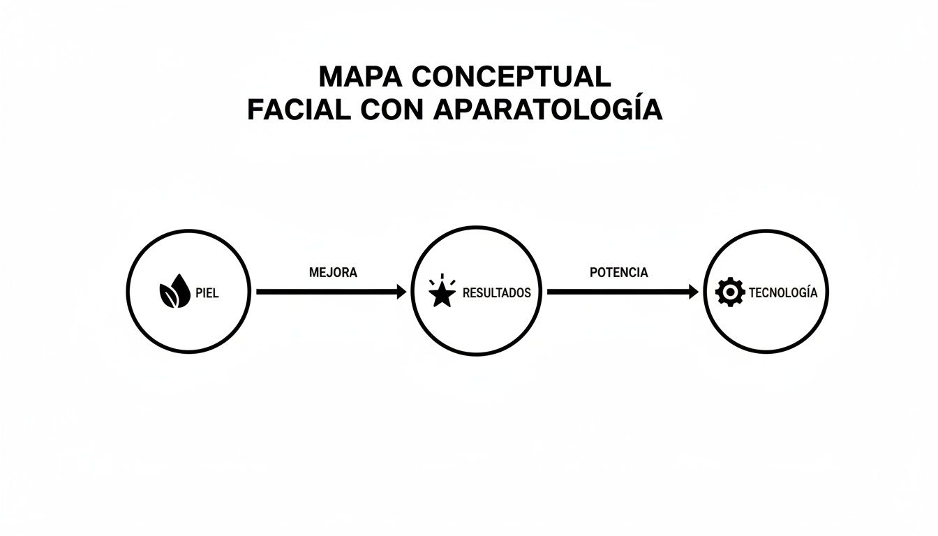 Mapa conceptual que ilustra la mejora de la piel y resultados con tecnología facial.