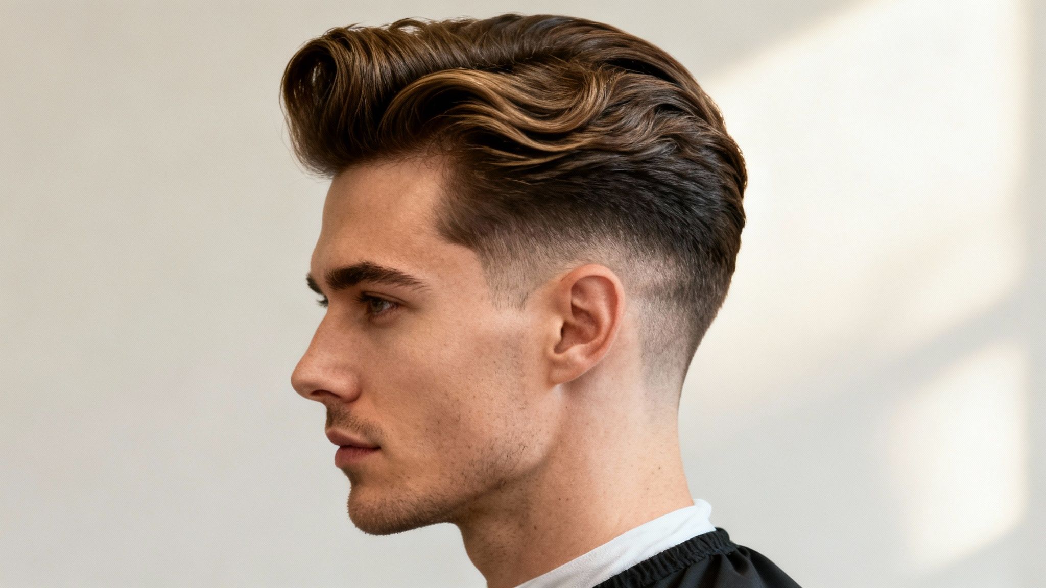 Perfil de hombre joven con corte de pelo moderno, degradado y cabello castaño peinado hacia atrás.