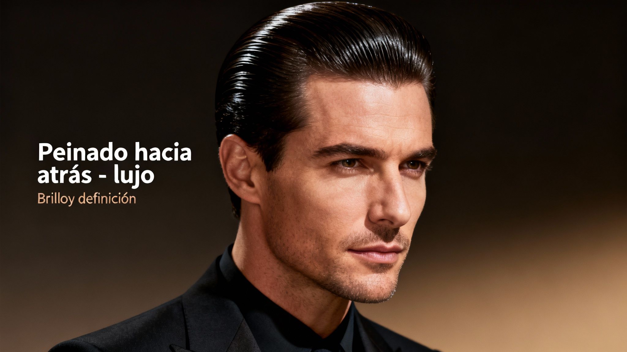 Hombre elegante con peinado hacia atrás brillante, destacando lujo y definición en su cabello.