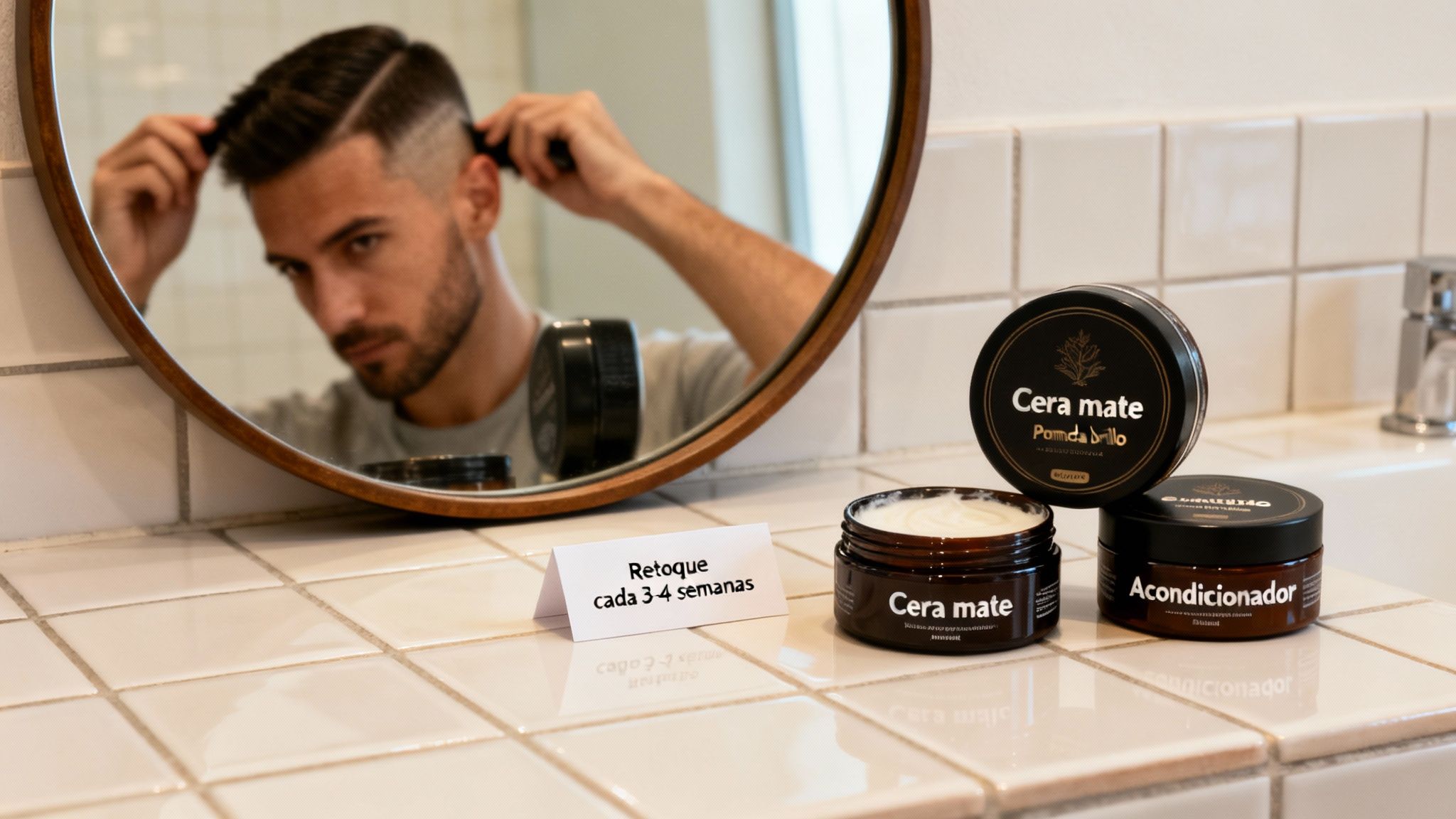 Hombre peinando su corte degradado moderno frente al espejo, junto a productos capilares de cera mate y acondicionador.