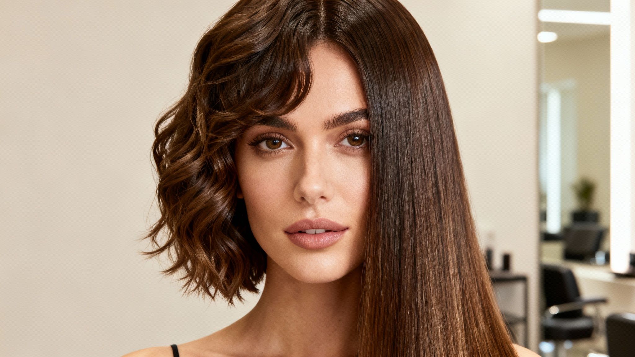 Mujer mostrando comparación de cabello rizado y liso con extensiones de cabello en salón