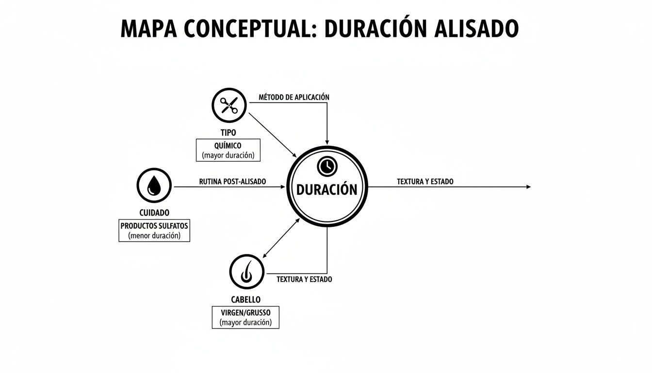 Mapa conceptual ilustra factores clave que afectan la duración de un alisado capilar, incluyendo tipo, cuidado y textura del cabello.