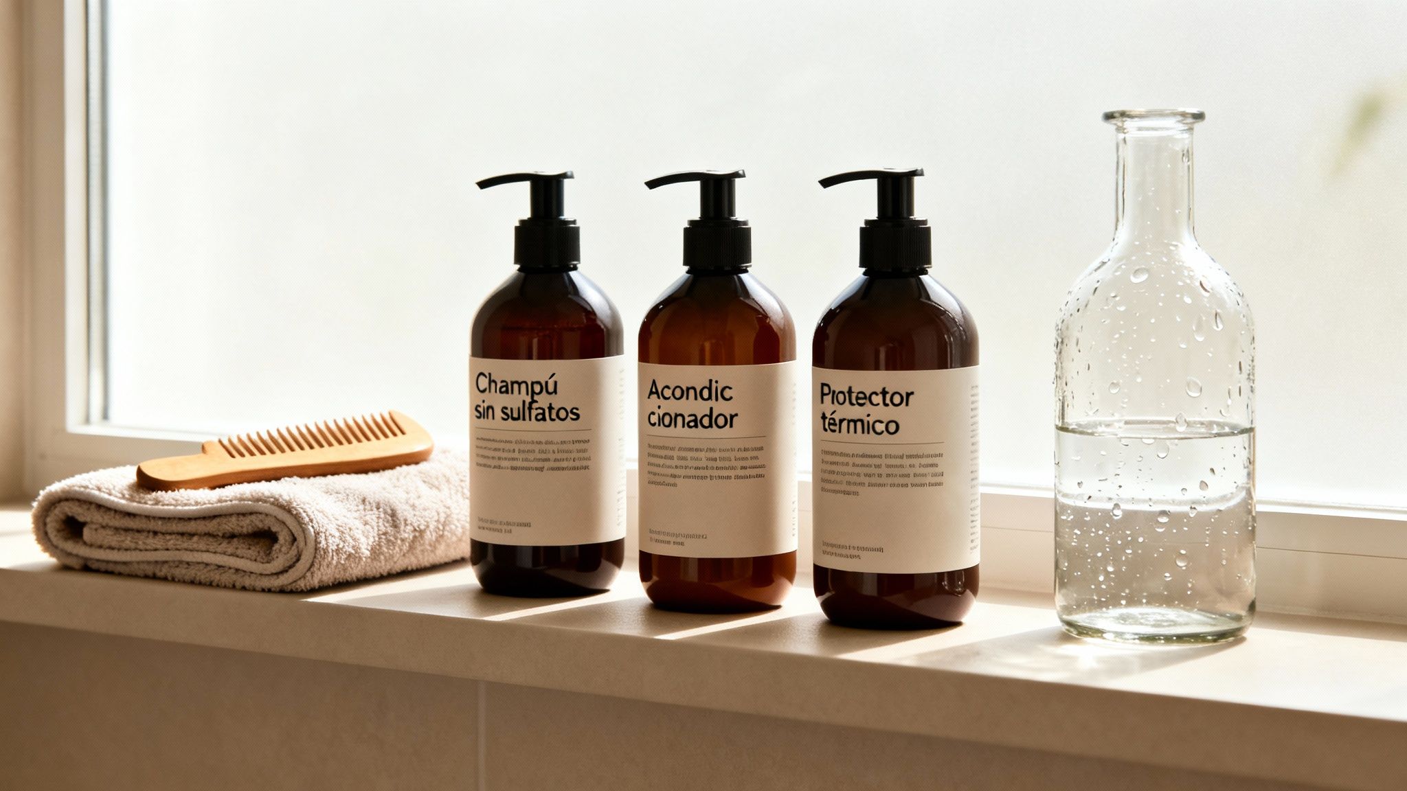 Tres botellas de productos capilares, un peine de madera y una toalla sobre un alféizar de ventana soleado.